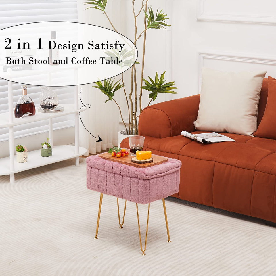 Wimarsbon Storage Ottoman, Vanity Stools with Metal Legs, 16.5" x 11.8" x 18" Modern Faux Mink Fur Footstool, Makeup Chair with Anti-Slip Feet, Accent Table,Footrest,Storage Bench for Bedroom