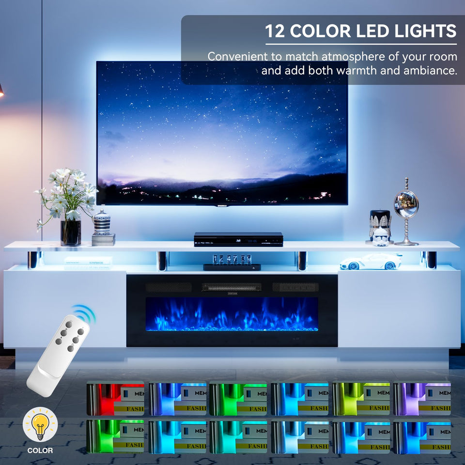 OneBlis 70" TV Stand for Living Room, Modern Entertainment Center & Media Console, Fits TVs up to 80", Storage Cabinet with Shelves, 36" Electric Fireplace with LED Flame (All Black)