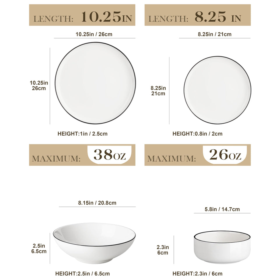MALACASA Plates and Bowls Sets, 24 Pieces Modern Porcelain Dinnerware Set for 6 Ceramic Dishware Dishes White Kitchen Dinner Dining Ware Set wtih Black Rim Microwave and Dishwasher Safe, Series LUNA
