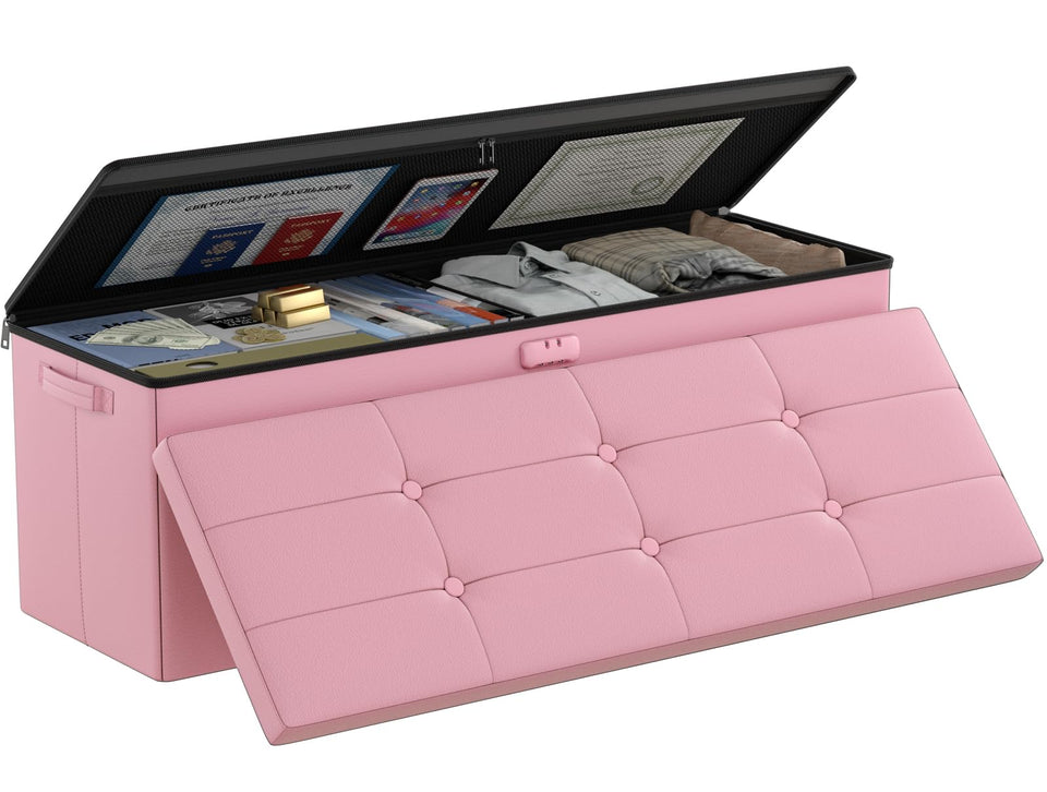 DocSafe Storage Ottoman with Lock,Fireproof Folding Ottoman Foot Rest Stool Storage Chest with Storage Safe for Important Documents,Waterproof 17 Inches Short Ottoman Foot Stool with Handles,Black