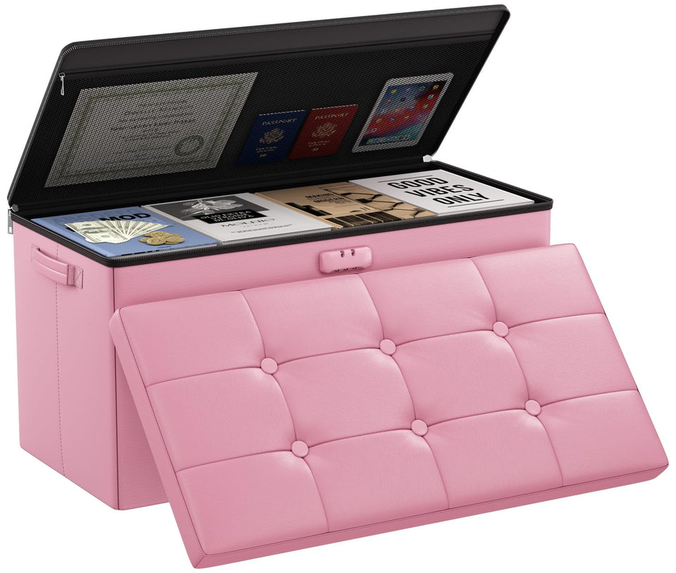 DocSafe Storage Ottoman with Lock,Fireproof Folding Ottoman Foot Rest Stool Storage Chest with Storage Safe for Important Documents,Waterproof 17 Inches Short Ottoman Foot Stool with Handles,Black