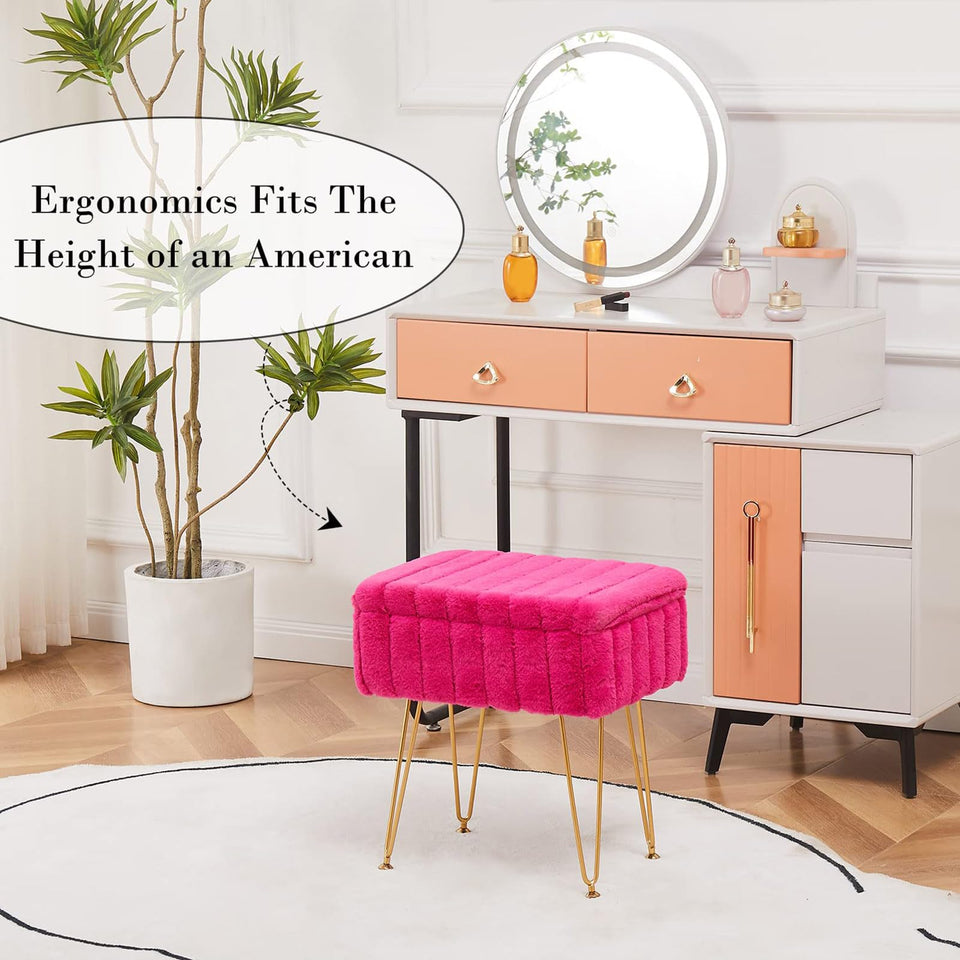 Wimarsbon Storage Ottoman, Vanity Stools with Metal Legs, 16.5" x 11.8" x 18" Modern Faux Mink Fur Footstool, Makeup Chair with Anti-Slip Feet, Accent Table,Footrest,Storage Bench for Bedroom