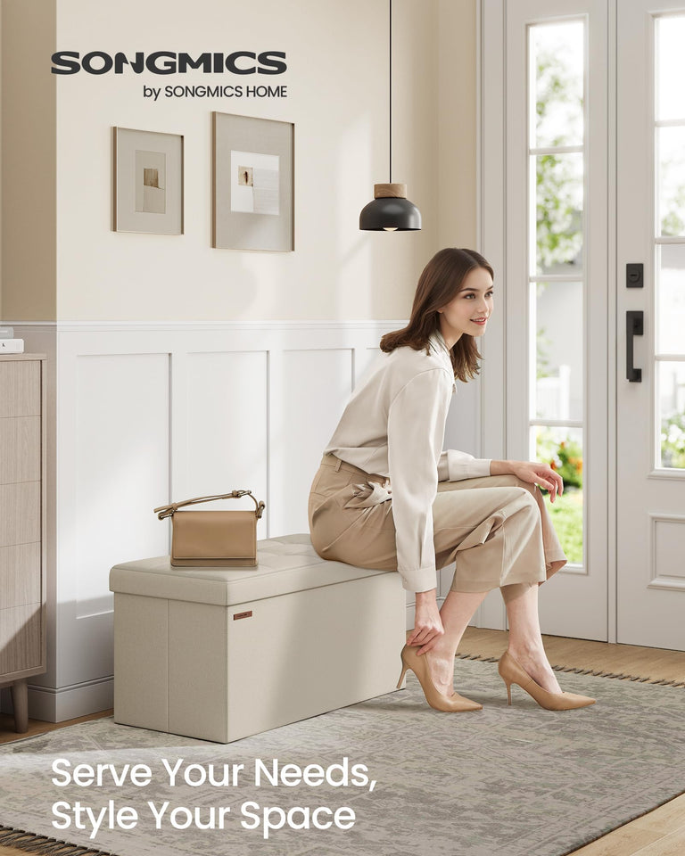 SONGMICS MAZIE Collection - 43 Inches Folding Storage Ottoman Bench, Ottoman Foot Rest, End of Bed Bench, Storage Chest, Load 660 lb, for Living Room, Bedroom, Entryway, Dark Gray ULSF77K