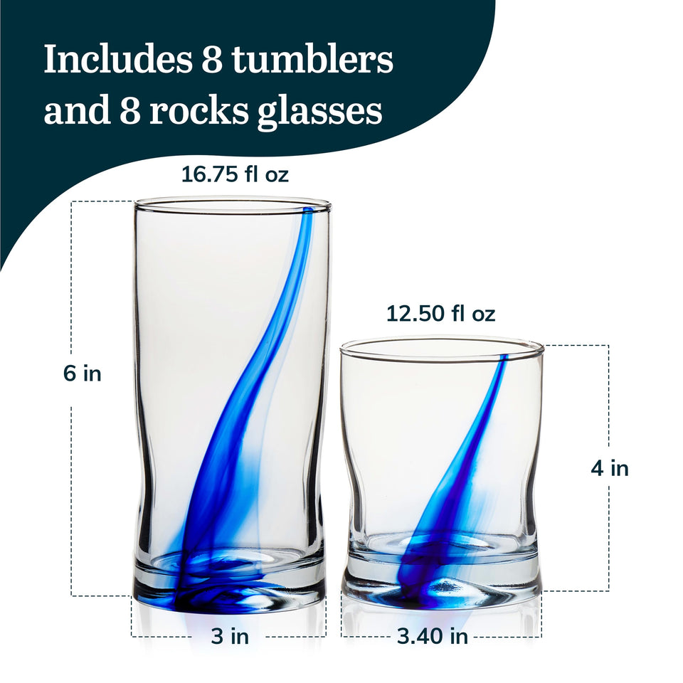 Libbey Ascent Tumbler and Rocks Drinking Glasses Set of 16, Glass Drinking Glasses with Curvature, Versatile Glassware Set for Parties and More