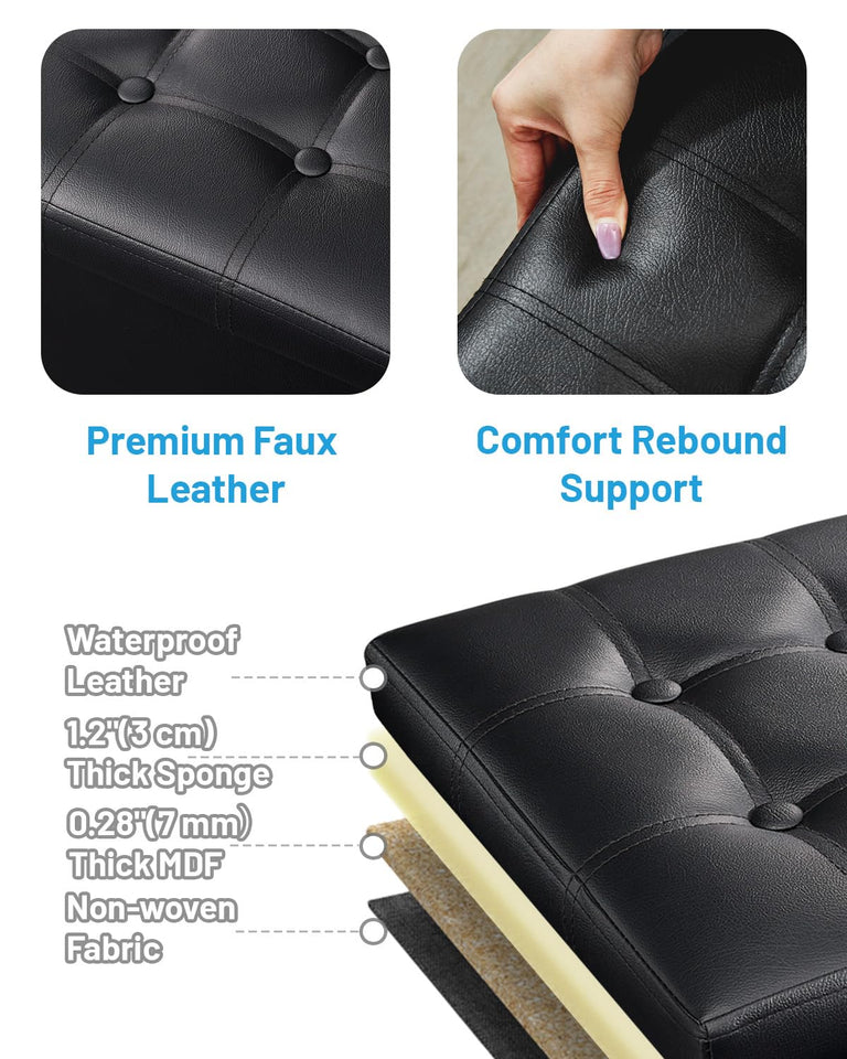 AmasSmile Storage Ottoman Folding Foot Rest Stool, Leather Footstool Bench, Short Ottoman Stool, Storage Foot Rest Store, Books (Black, 17" D x 13" W x 13" H)