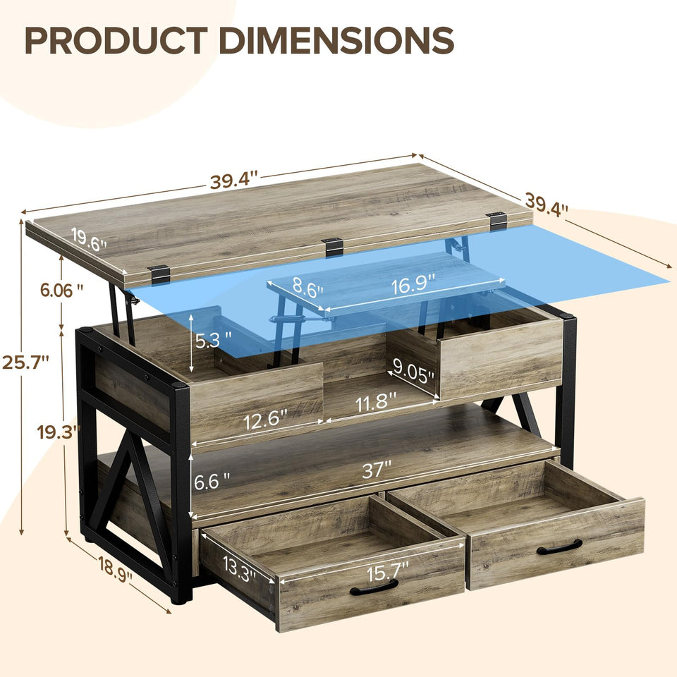 Memobarco 40" Lift Top Coffee Table,4 in 1 Multi-Function Lift Coffee Tables with Storage Drawers and Hidden Compartmen,Farmhouse Coffee Table with Lifting top for Living Room,Black