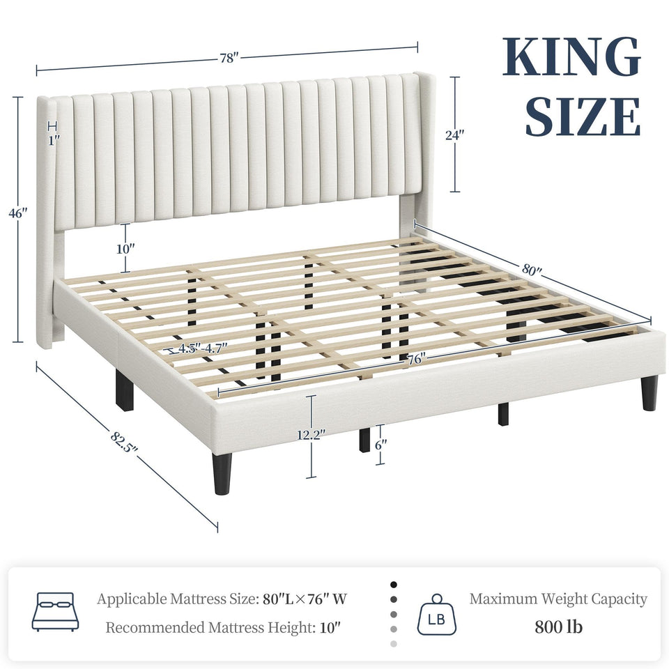 Yaheetech King Bed Frame Upholstered Platform Bed with Fabric Headboard, Wing Edge Design/Non-Slip and Noise-Free/Wooden Slats Support/No Box Spring Needed/Easy Assembly, Ivory King Bed