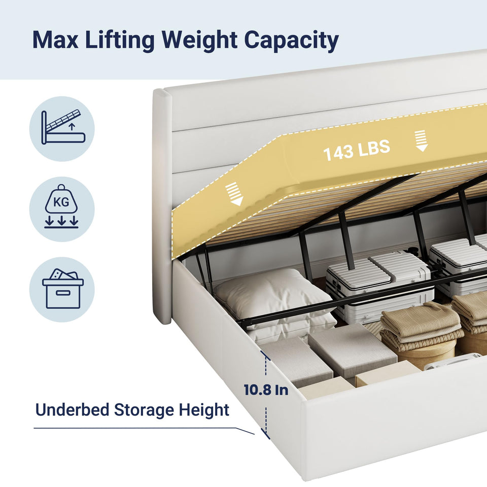 Allewie King Size Lift Up Storage Bed, Modern Wingback Headboard, Hydraulic Support, No Box Spring Needed, Light Beige