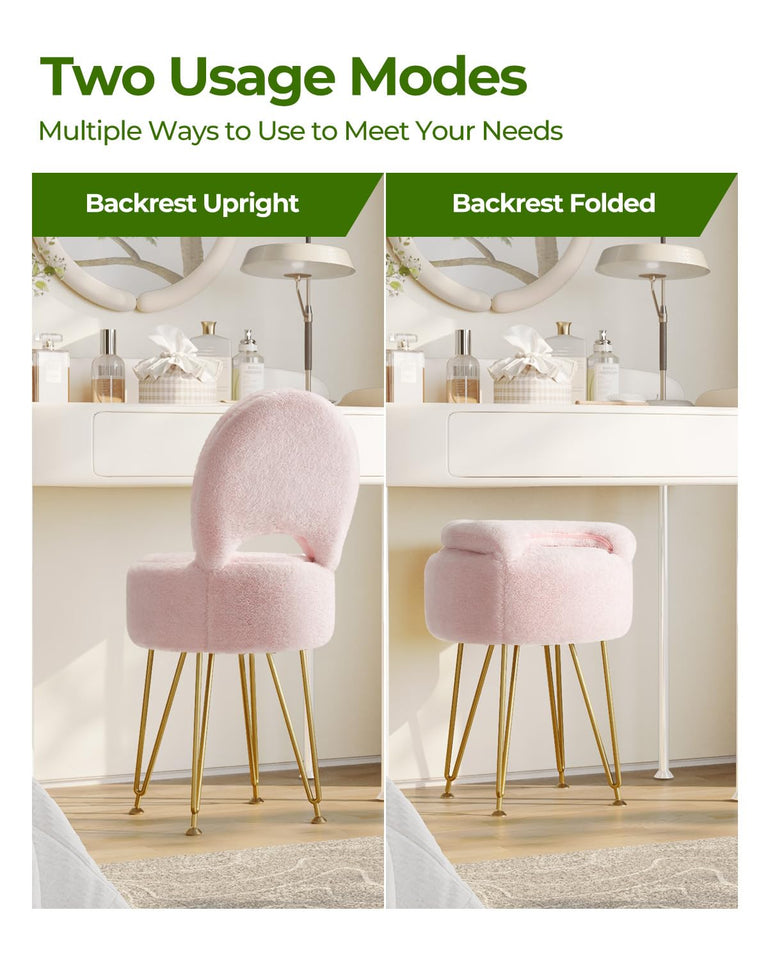 GREENSTELL Small Vanity Stool Chair with Storage and Folding Back, 13" x 13" x 17.7" Faux Fur Soft Ottoman for Teenager, 4 Metal Legs with Anti-Slip Feet, Furry Padded Seat for Makeup, Bedroom, White