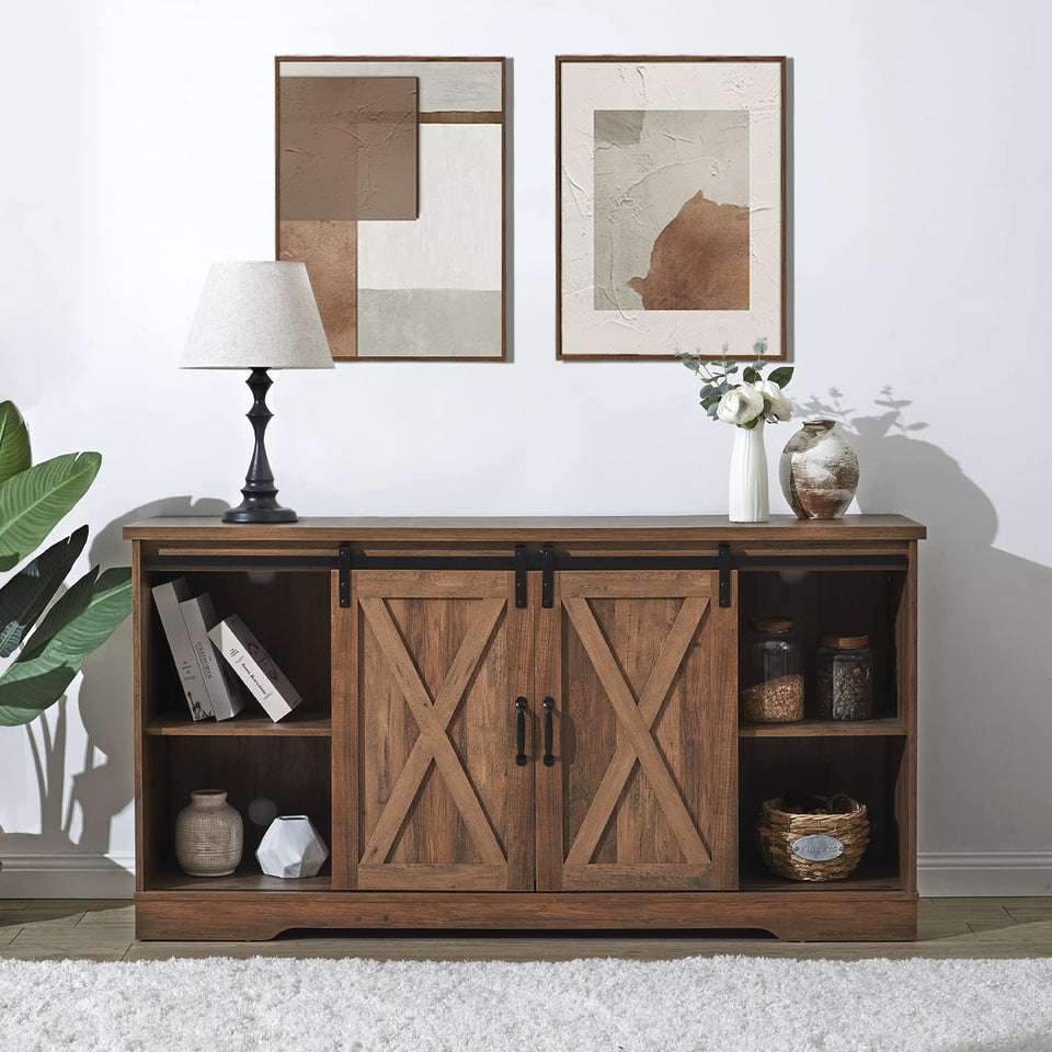 AMERLIFE Fireplace TV Stand with Sliding Barn Door for TVs up to 73", Farmhouse 63" Fireplace Entertainment Center with Storage Cabinets/Adjustable Shelves, Distressed White & Barnwood