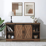 AMERLIFE Fireplace TV Stand with Sliding Barn Door for TVs up to 73", Farmhouse 63" Fireplace Entertainment Center with Storage Cabinets/Adjustable Shelves, Distressed White & Barnwood