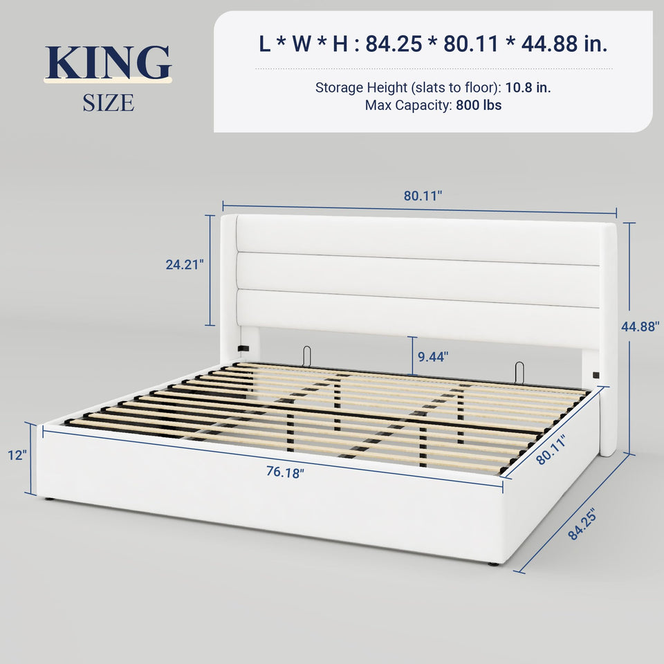 Allewie King Size Lift Up Storage Bed, Modern Wingback Headboard, Hydraulic Support, No Box Spring Needed, Light Beige