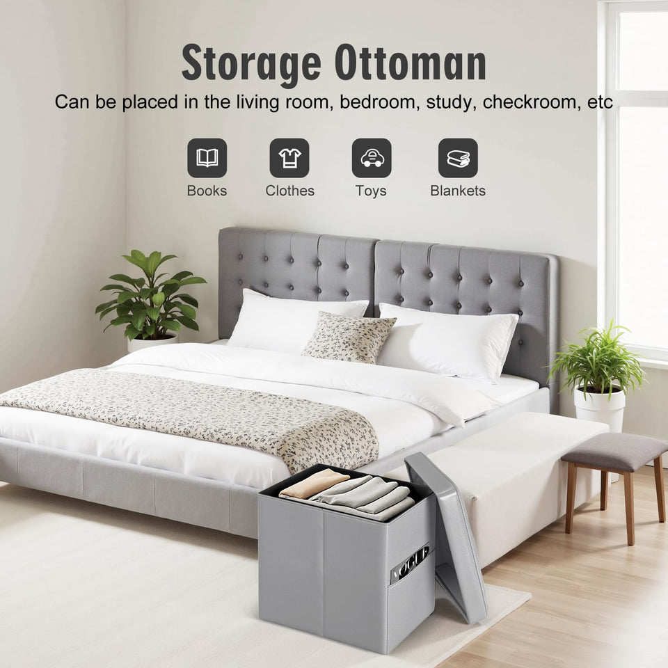 Storage Ottoman Foot Rest Stool, Foldable Leather Footstool Storage Bench with Thicker Foam Padded Seat. Foot Rest Under Desk for Living Room Bedroom 350 lbs, 17x13x13 in, Brown