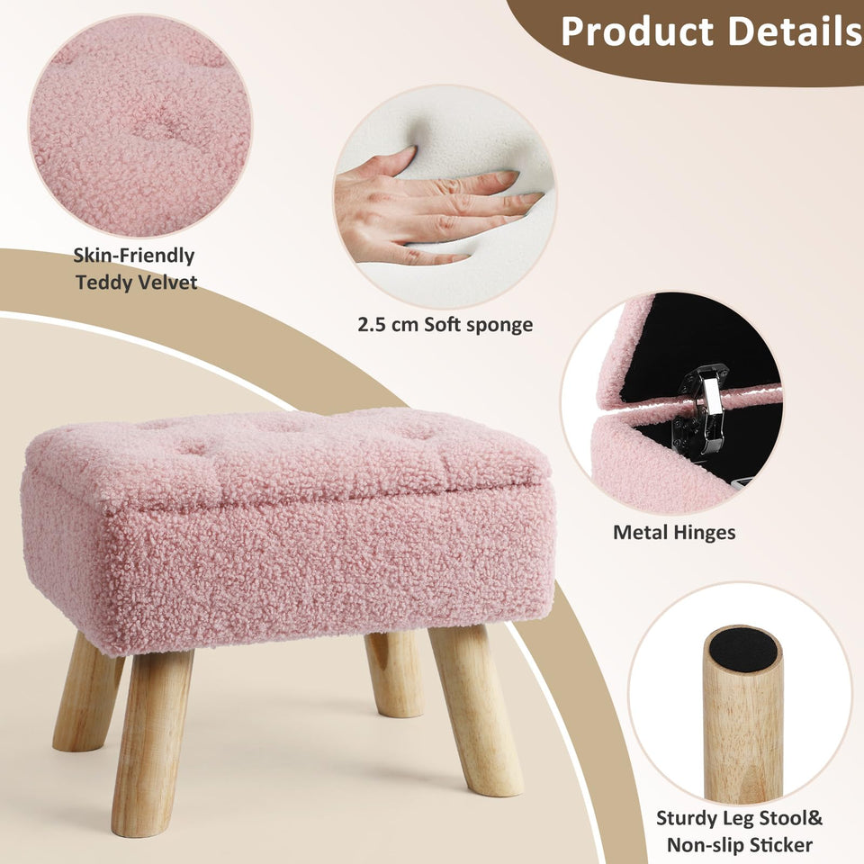 OGEMXU Storage Ottoman, Small Foot Stool Ottoman with Storage, Boucle Teddy Velvet Foot Rest with Padded Seat, Sturdy Wood Legs Stool for Living Room, Bedroom, Couch, Enterway (Cream)