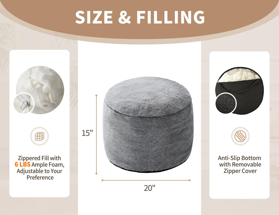 Round Ottoman Foot Rest for Couch 20"x15" Foot Stool Ottoman Pouf with Foam Chunk Filling Small Ottomans Foot Stools Poufs for Living Room Dark Grey Poof Hassocks and Ottomans Soft Foot Rest for Chair