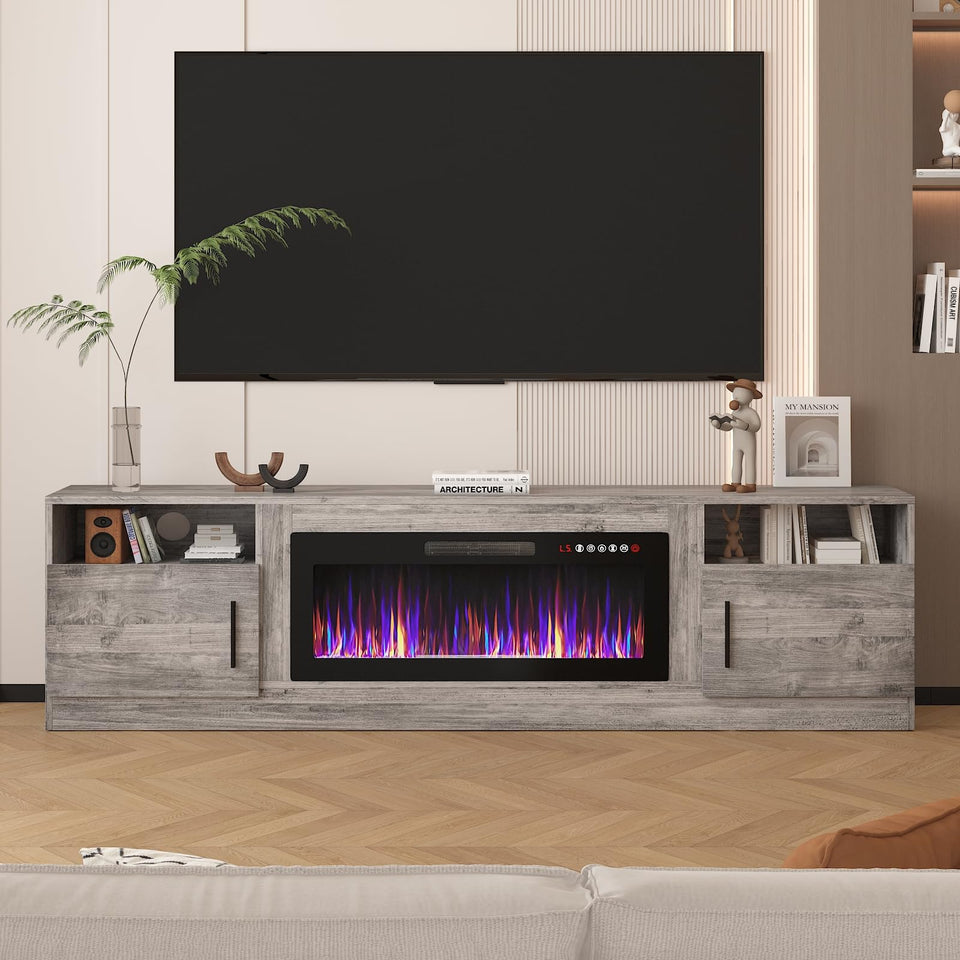 Lemberi Fireplace tv Stand with 36 inch Fireplace Up to 90" TVs, LED Light Entertainment Center and Storage, 80" Modern Wood Media TV Console with Highlight Cabinet for Living Room (White)