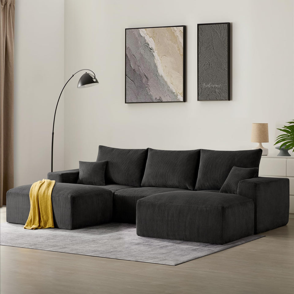 Sectional Cloud Boneless Sofa Couches for Living Room-113'' Beige 3 Seater U-Shaped Modern Lounge Couch-No Assembly Modular Corduroy Convertible Sponge Sleeper Sofas with Chaise for Home House