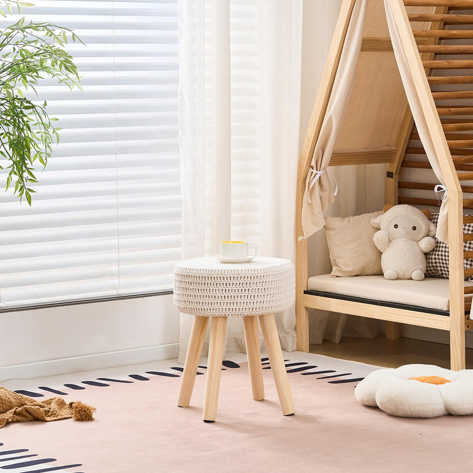 Wimarsbon Pouf Ottoman, 100% Cotton Knitted Boho Footstool, Round Footrest with Non-Skid Wood Legs, Home Décor Handmade Pouffe, Leisure Floor Step Stool for Living Room (Beige)