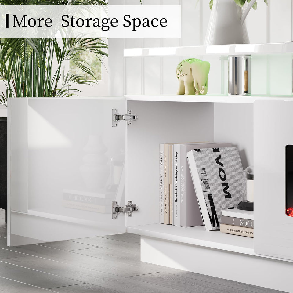 AMERLIFE Fireplace TV Stand with 36" Fireplace, 70" Modern High Gloss Fireplace Entertainment Center LED Lights, 2 Tier TV Console Cabinet for TVs Up to 80", Obsidian Black