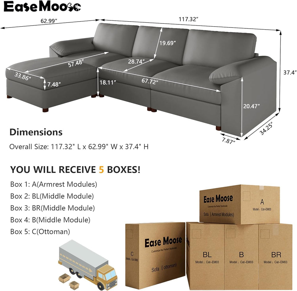 EASE MOOSE Leather Sectional Couch, Oversized Modular Sectional Sofas, Wide Deep Seat Modular Couch, Scratch Resistant Faux Leather Material, L Shaped Sofa for Big Spaces,Beige