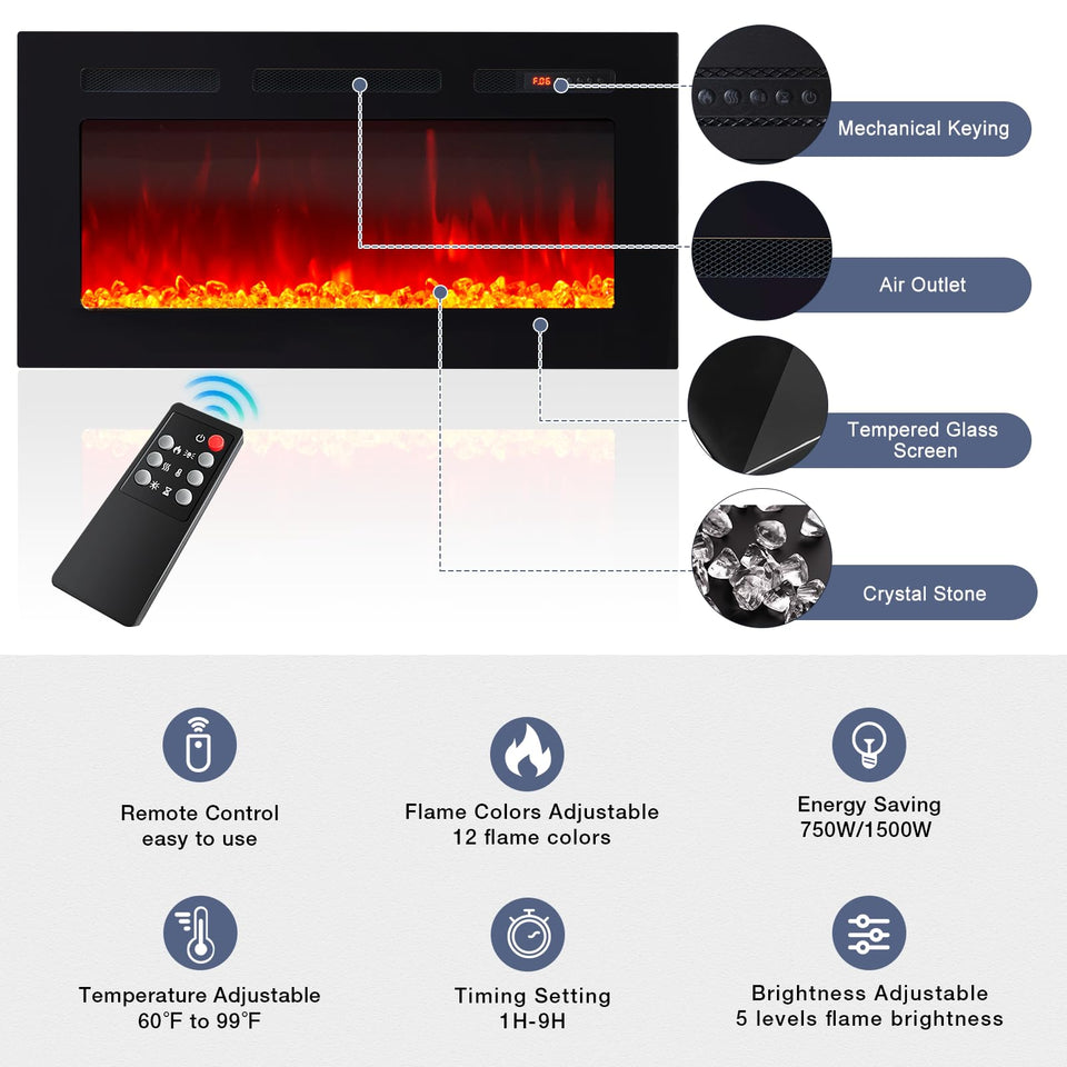 OneBlis 80" Fireplace TV Stand, LED Light Entertainment Center for TVs Up to 90", High-Gloss Door, Modern TV Console for Living Room with Storage Cabinet, Black+Black