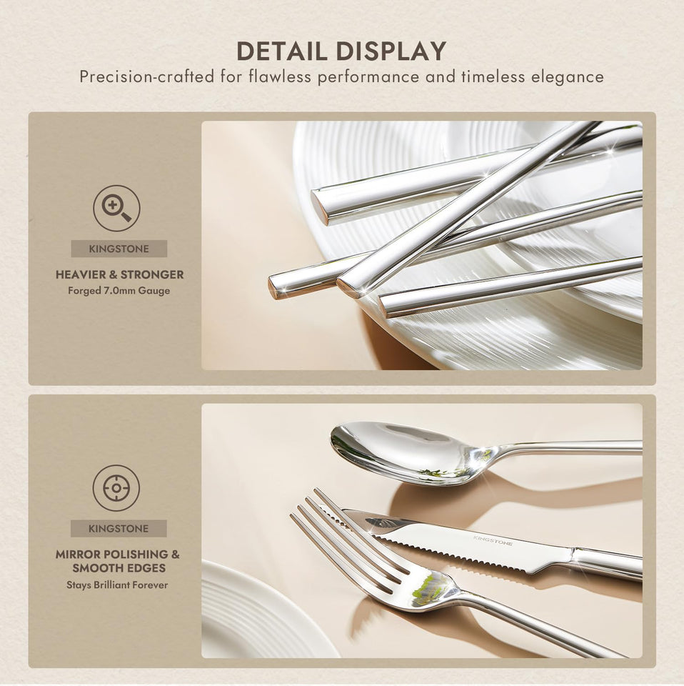 KINGSTONE Silverware Set, 60-Piece Forged Flatware Set Cutlery Set Premium Stainless Steel, Service for 12, for Kitchen, Home, Wedding, Party, Mirror Polished and Dishwasher Safe