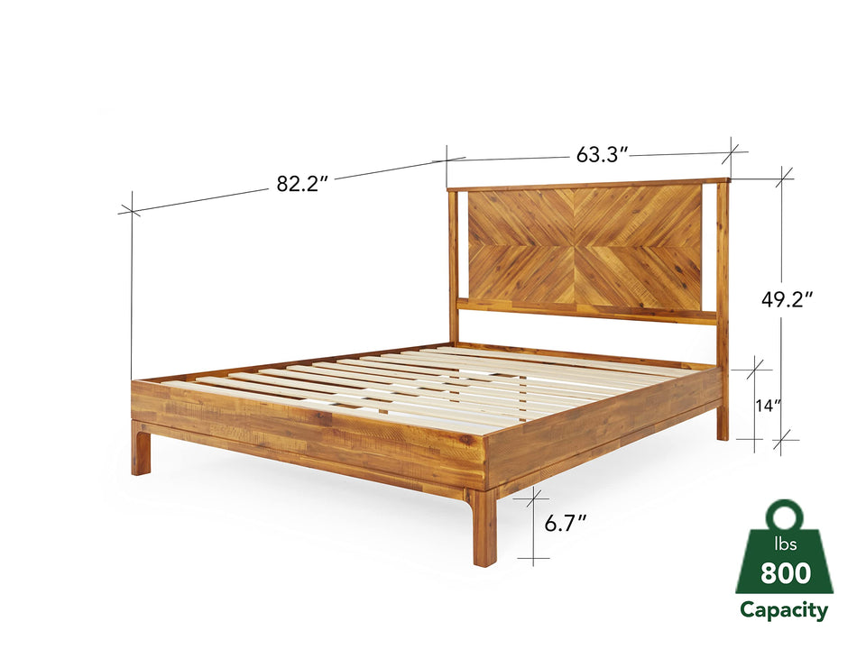 Bme Vivian 14 Inch Deluxe Bed Frame with Headboard, Rustic & Scandinavian Style with Solid Acacia Wood, No Box Spring Needed, 12 Strong Wood Slat Support, Easy Assembly, King, Rustic Golden Brown
