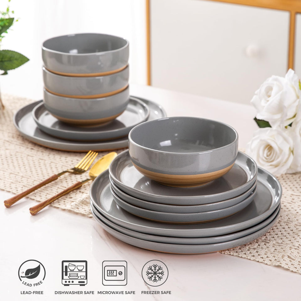 AmorArc Ceramic Dinnerware Sets for 8, 24 Pieces Handpainted Plates and Bowls Set with Rustic Terracotta Underside, Scratch Resistant Stoneware Dishes Set, Dishwasher & Microwave Safe, Light Beige
