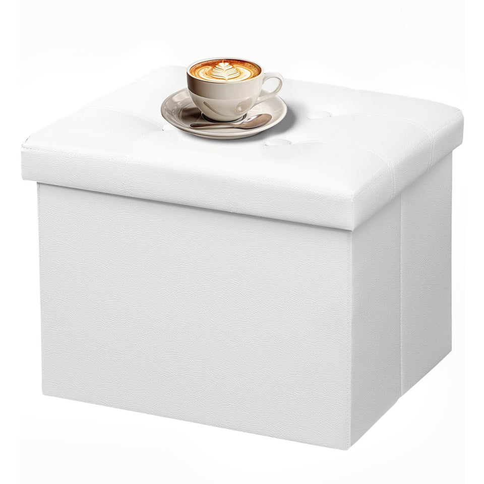 AmasSmile Storage Ottoman Folding Foot Rest Stool, Leather Footstool Bench, Short Ottoman Stool, Storage Foot Rest Store, Books (Black, 17" D x 13" W x 13" H)