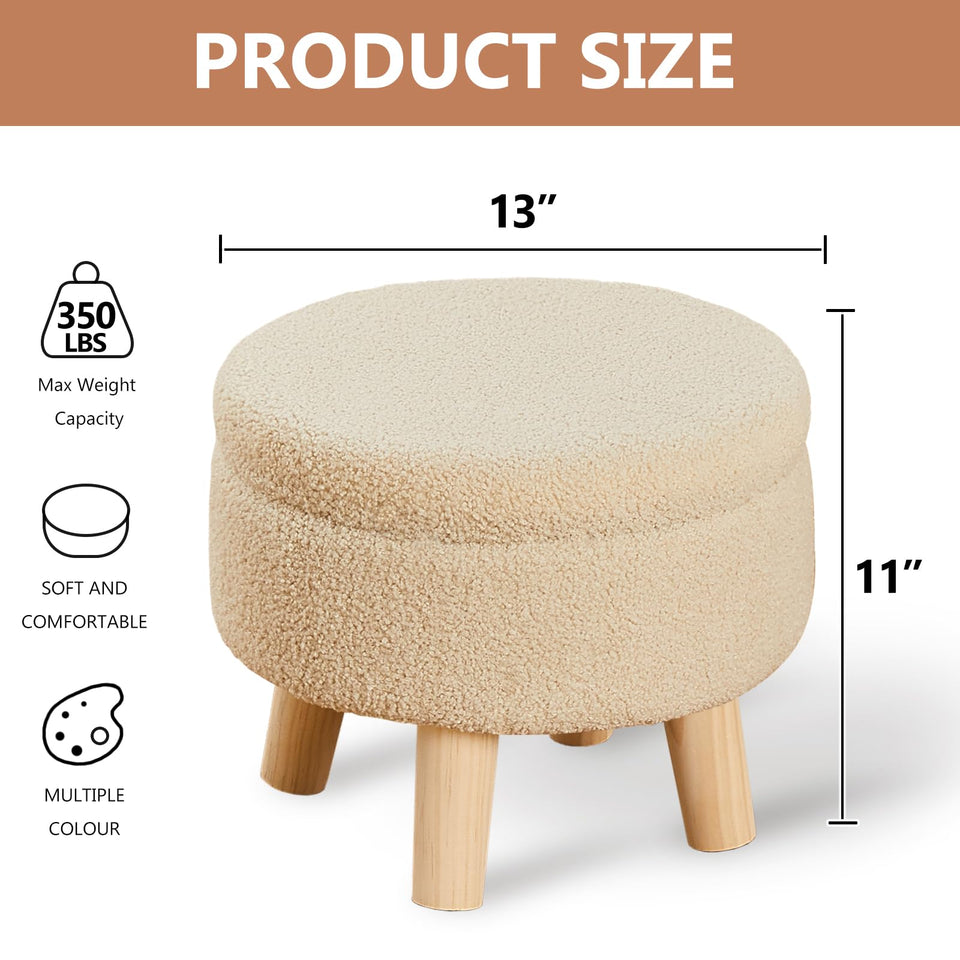 Wimarsbon Storage Ottoman, Modern Round Footrest with Soft Padded Seat, Teddy Velvet Footstool with Wood Legs, Accent Small Table or Plant Stand for Hallway, Living Room (Cream)