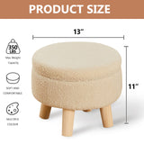 Wimarsbon Storage Ottoman, Modern Round Footrest with Soft Padded Seat, Teddy Velvet Footstool with Wood Legs, Accent Small Table or Plant Stand for Hallway, Living Room (Cream)