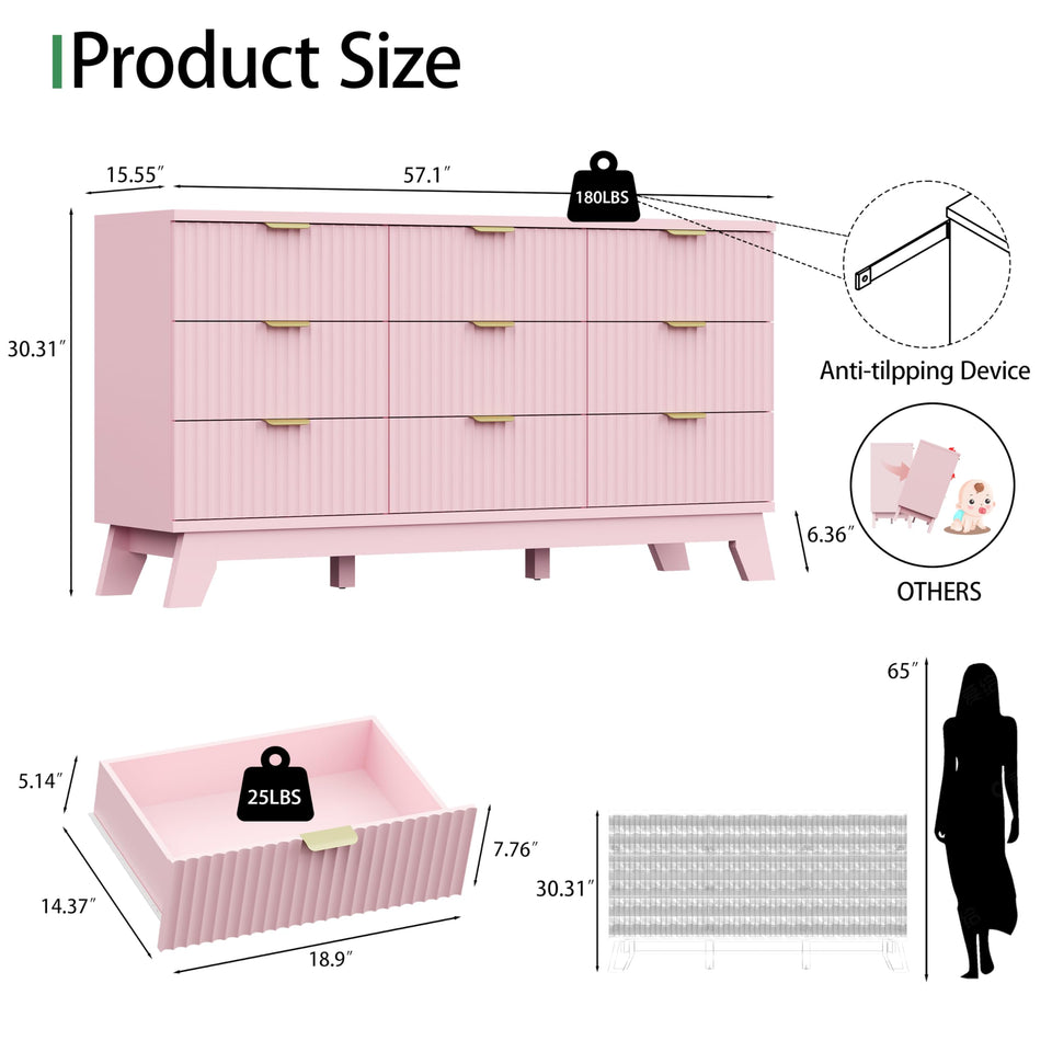 Fluted Dresser for Bedroom with 9 Drawers, 57" Wide Modern Chest of Drawers with Metal Handle, Wooden Dresser TV Stand, Wood Closet Clothes Storage Organizer for Living Room, Hallway, Natural Oak