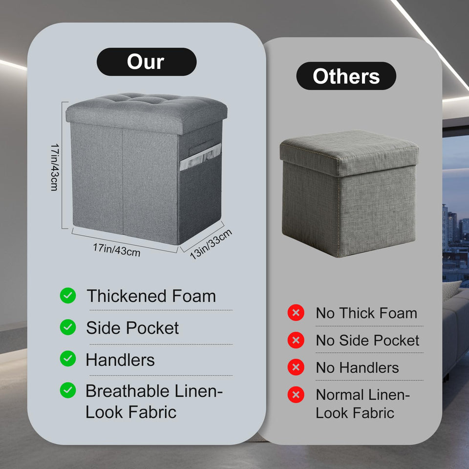 Storage Ottoman with Extra Thick Foam Padded Seat, Foldable Foot Rest Stool with Linen Fabric, 43L Ottoman with Storage Bench for Bedroom Living Room, Holds Up to 300lbs, 17x13x13in, Dark Gray