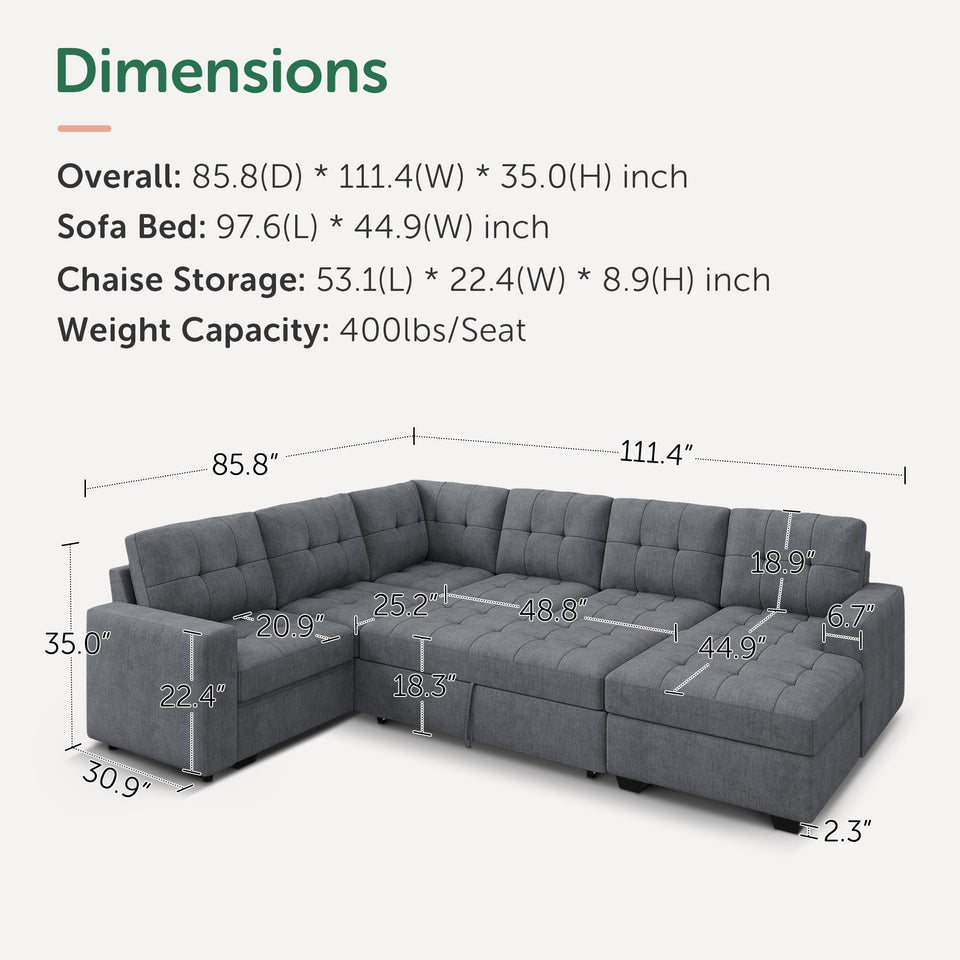 HONBAY Sectional Sleeper Sofa Pull Out Bed with Storage Chaise, Sectional Sofa Couch, Sleeper Couch Bed for Living Room, Dark Grey