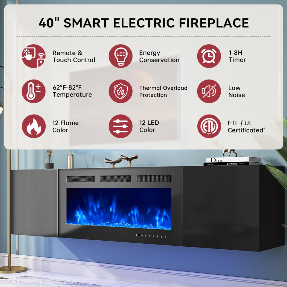 oneinmil 70" Floating TV Stand with 36" Electric Fireplace, Wall Mounted Fireplace Entertainment Center with Storage, Fire Place TV Console for Living Room, All Black