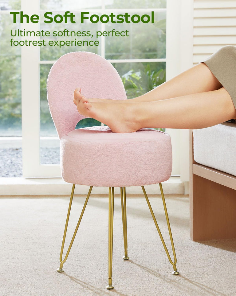 GREENSTELL Small Vanity Stool Chair with Storage and Folding Back, 13" x 13" x 17.7" Faux Fur Soft Ottoman for Teenager, 4 Metal Legs with Anti-Slip Feet, Furry Padded Seat for Makeup, Bedroom, White