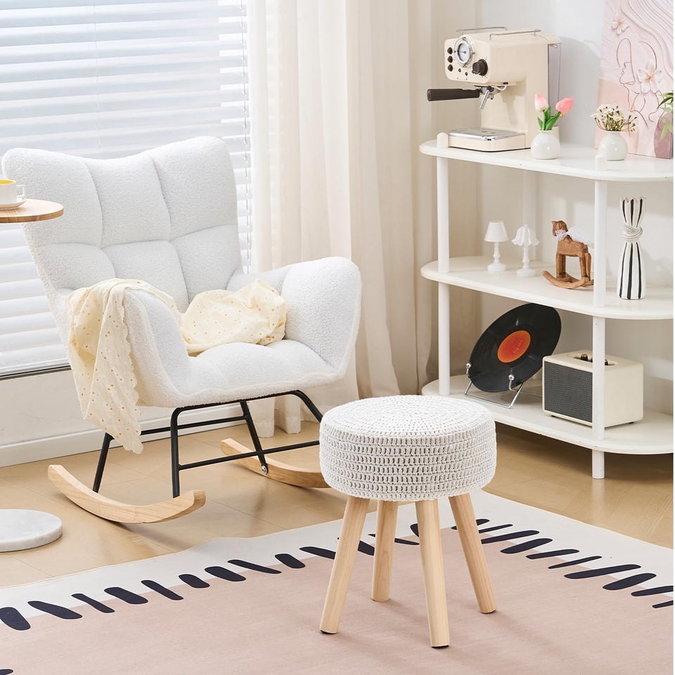 Wimarsbon Pouf Ottoman, 100% Cotton Knitted Boho Footstool, Round Footrest with Non-Skid Wood Legs, Home Décor Handmade Pouffe, Leisure Floor Step Stool for Living Room (Beige)