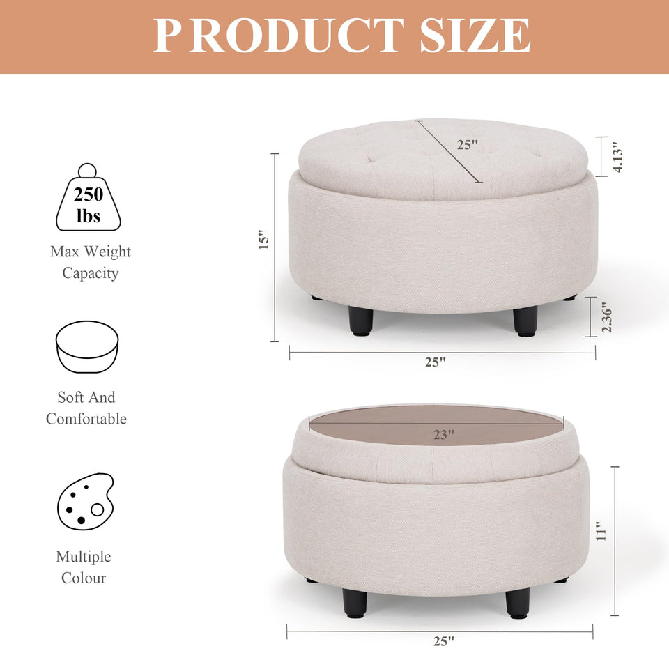 COLAMY Fabric Round Storage Ottoman with Reversible Tray Lid – Multi-Functional Footrest, Hidden Storage, Sturdy & Stylish Small Coffee Table for Living Room, Bedroom, or Entryway(Beige)