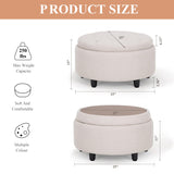 COLAMY Fabric Round Storage Ottoman with Reversible Tray Lid – Multi-Functional Footrest, Hidden Storage, Sturdy & Stylish Small Coffee Table for Living Room, Bedroom, or Entryway(Beige)