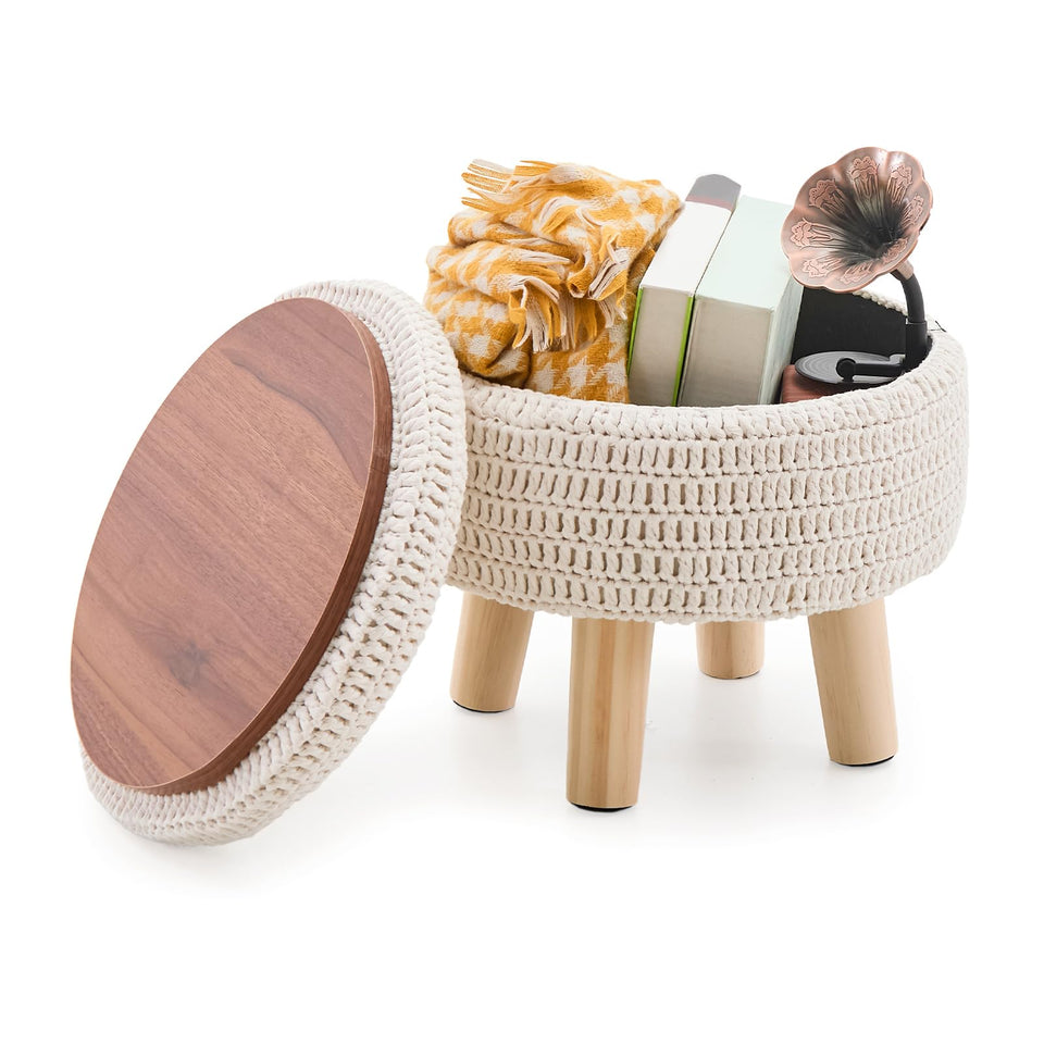 Wimarsbon Pouf Ottoman, 100% Cotton Knitted Boho Footstool, Round Footrest with Non-Skid Wood Legs, Home Décor Handmade Pouffe, Leisure Floor Step Stool for Living Room (Beige)