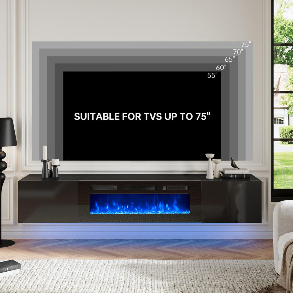 oneinmil 70" Floating TV Stand with 36" Electric Fireplace, Wall Mounted Fireplace Entertainment Center with Storage, Fire Place TV Console for Living Room, All Black