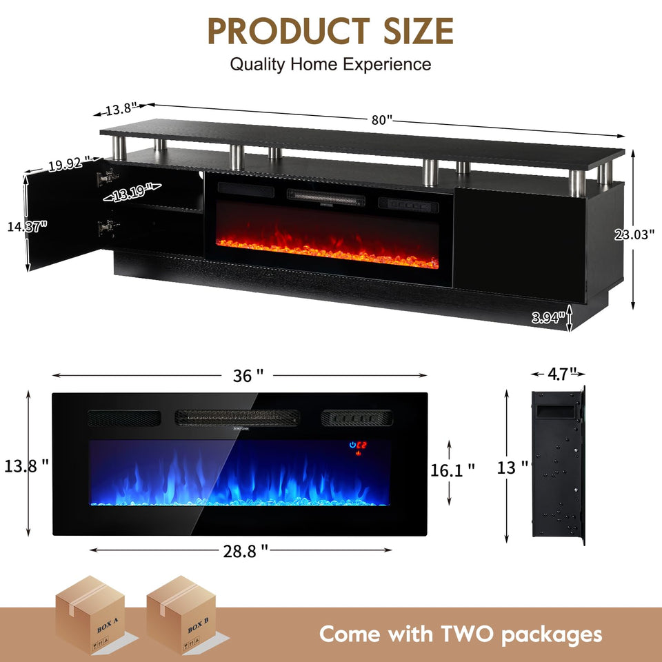 OneBlis 70" TV Stand for Living Room, Modern Entertainment Center & Media Console, Fits TVs up to 80", Storage Cabinet with Shelves, 36" Electric Fireplace with LED Flame (All Black)