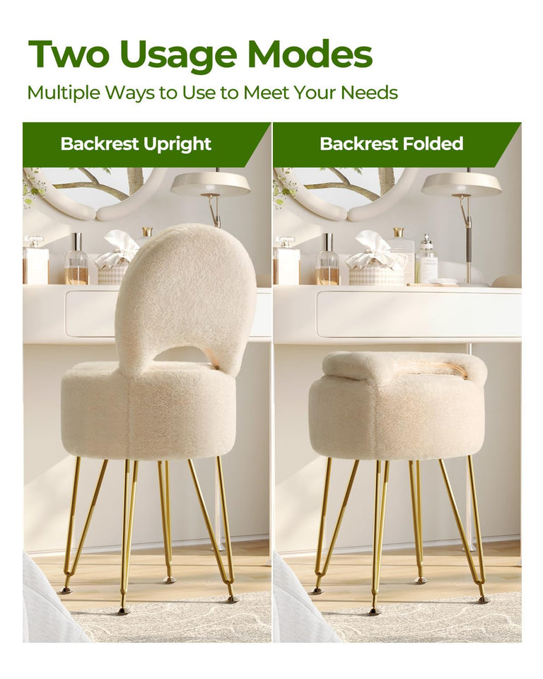 GREENSTELL Small Vanity Stool Chair with Storage and Folding Back, 13" x 13" x 17.7" Faux Fur Soft Ottoman for Teenager, 4 Metal Legs with Anti-Slip Feet, Furry Padded Seat for Makeup, Bedroom, White