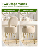 GREENSTELL Small Vanity Stool Chair with Storage and Folding Back, 13" x 13" x 17.7" Faux Fur Soft Ottoman for Teenager, 4 Metal Legs with Anti-Slip Feet, Furry Padded Seat for Makeup, Bedroom, White