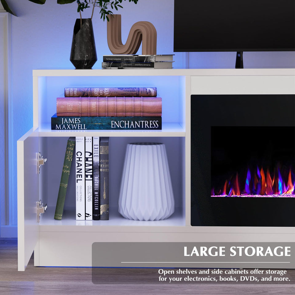 Lemberi Fireplace tv Stand with 36 inch Fireplace Up to 90" TVs, LED Light Entertainment Center and Storage, 80" Modern Wood Media TV Console with Highlight Cabinet for Living Room (White)
