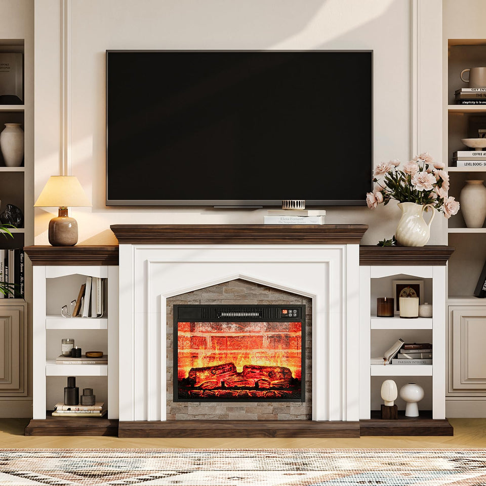 LGHM 72" Electric Fireplace with Mantel, Fireplace TV Stand for TVs Up to 80 Inch, Modern Entertainment Center with Storage, Realistic Stacked Stone Surround with Remote Control for Living Room