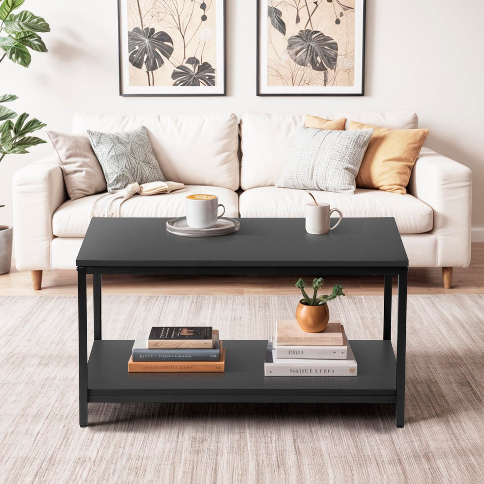 SUPER DEAL 2-Tier Industrial Coffee Table with Storage Shelf for Small Apartment Living Room, Rectangle Wood and Stable Metal TV Stand Side End Table, Rustic Brown