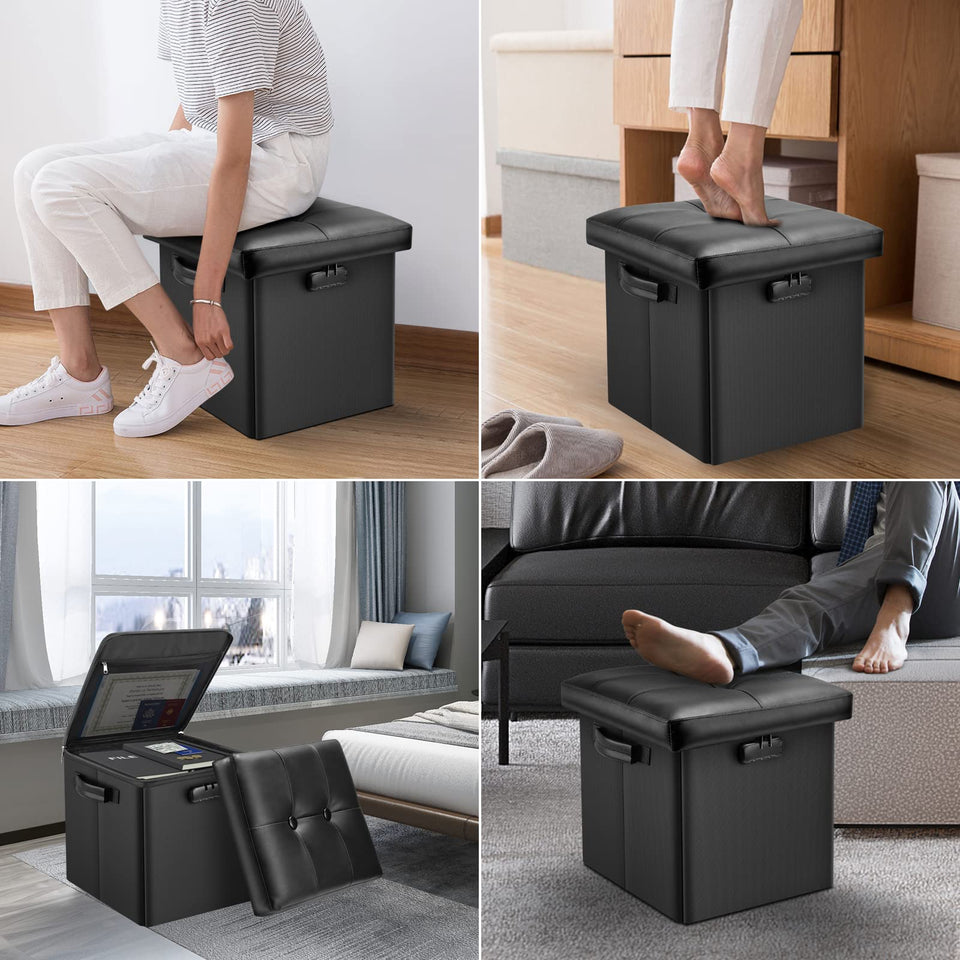 DocSafe Storage Ottoman with Lock,Fireproof Folding Ottoman Foot Rest Stool Storage Chest with Storage Safe for Important Documents,Waterproof 17 Inches Short Ottoman Foot Stool with Handles,Black
