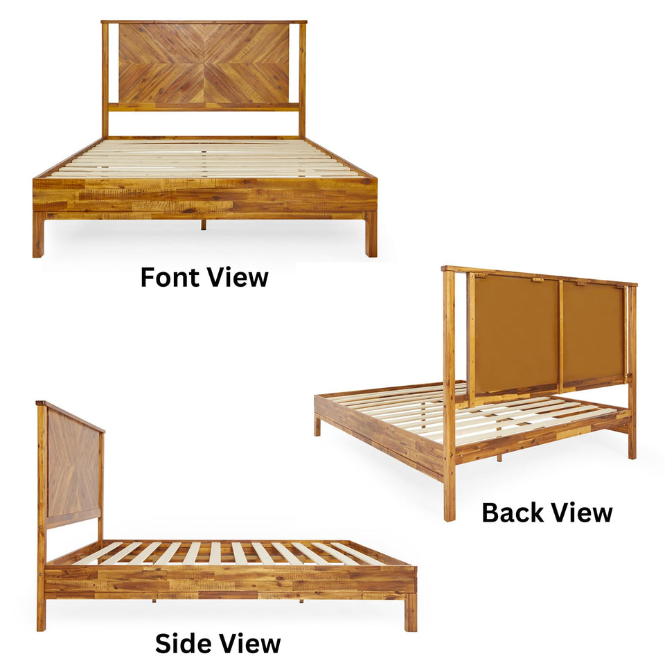Bme Vivian 14 Inch Deluxe Bed Frame with Headboard, Rustic & Scandinavian Style with Solid Acacia Wood, No Box Spring Needed, 12 Strong Wood Slat Support, Easy Assembly, King, Rustic Golden Brown