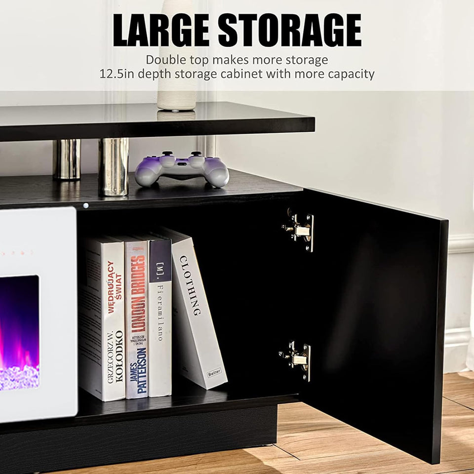 AMERLIFE Fireplace TV Stand with 36" Fireplace, 70" Modern High Gloss Fireplace Entertainment Center LED Lights, 2 Tier TV Console Cabinet for TVs Up to 80", Obsidian Black